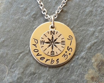 Proverbs 3:5-6 Compass Necklace with Nickel Silver Disc