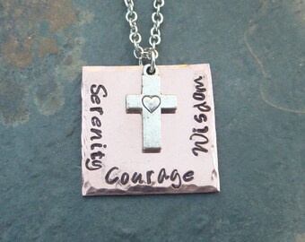 Serenity, Courage, Wisdom Necklace with an Silver Cross with a Heart over a Copper Square