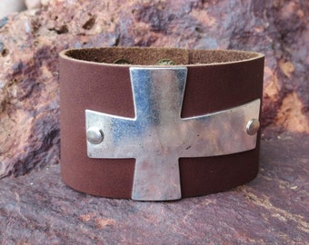 Leather Bracelet with Silver Cross