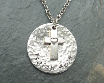 Scripture Necklace with a Silver Cross over a Hammered Nickel Silver Disc