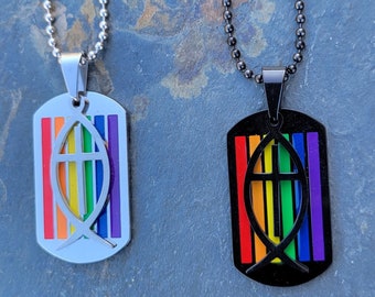 Rainbow Flag Cross/Ichthys Stainless Steel Dog Tag Necklace
