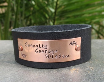 Serenity, Courage, Wisdom Recovery Copper and Leather Bracelet