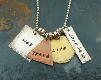Hand Stamped Metal Necklace - The Way, Truth, Life.  John 14:6