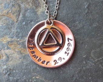 Recovery Necklace with White Plated AA Symbol over Copper with Personalized Anniversary Date