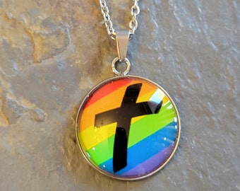 Rainbow Glass Cabochon Cross Necklace