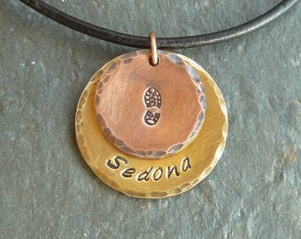 Personalized Hiker Necklace with Boot Print on Copper over Brass Disc