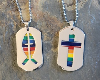 Rainbow Cross/Ichthys Double Stainless Steel Dog Tag Necklace