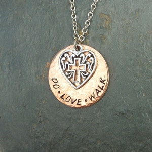 Do Justice, Love Mercy, Walk Humbly, Micah 6:8 Necklace with a Silver Heart with Cross over a Hammered Copper Disc