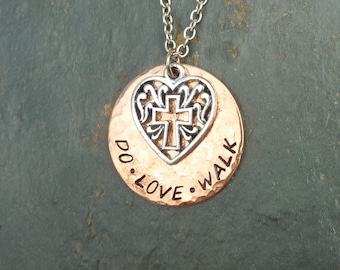 Do Justice, Love Mercy, Walk Humbly, Micah 6:8 Necklace with a Silver Heart with Cross over a Hammered Copper Disc