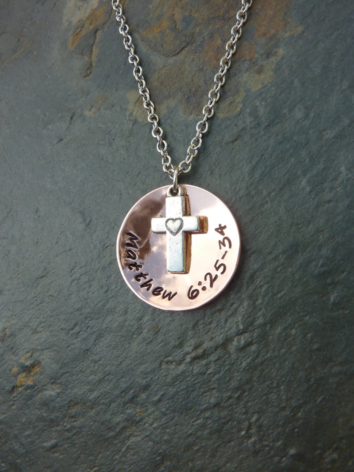 Scripture Necklace with a Silver Cross over a Copper Disc | Etsy