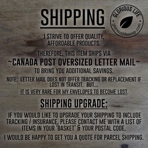 Puede incluir: Texto sobre un fondo de madera que explica las opciones de env&iacute;o para el correo de tama&ntilde;o grande de Canada Post. El texto indica que el art&iacute;culo se env&iacute;a a trav&eacute;s del correo de tama&ntilde;o grande de Canada Post para obtener ahorros adicionales. Tambi&eacute;n se observa que el correo ordinario no ofrece seguimiento ni reemplazo si se pierde en tr&aacute;nsito, pero es muy raro que los sobres se pierdan. El texto tambi&eacute;n ofrece una opci&oacute;n de actualizaci&oacute;n de env&iacute;o para incluir seguimiento y seguro.