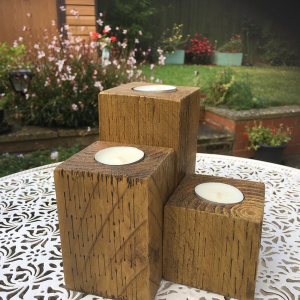SET OF THREE Wooden Candle Holders