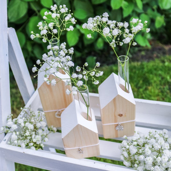 Holzhaus mit Vase – Holzhäuschen - Reagenzglas - Geschenk Einzug - Dekoration Haus - Zuhause - Blumenvase - Tischdeko Hochzeit Geburtstag