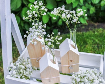 Holzhaus mit Vase – Holzhäuschen - Reagenzglas - Geschenk Einzug - Dekoration Haus - Zuhause - Blumenvase - Tischdeko Hochzeit Geburtstag