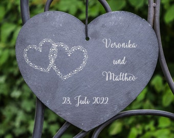 Schieferherz + Gravur personalisiert mit Name + Datum als Geschenk Hochzeit