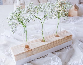 Blumenvase Holz und 3 Reagenzgläser - Dekoration Zuhause - Tischdeko Hochzeit, Taufe