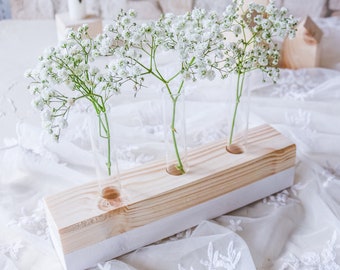 Flower vase wood and 3 test tubes - home decoration - table decoration wedding, baptism