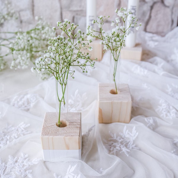 Blumenvase quadratisch Holz mit Reagenzglas - Dekoration Zuhause - Tischdeko Hochzeit, Taufe