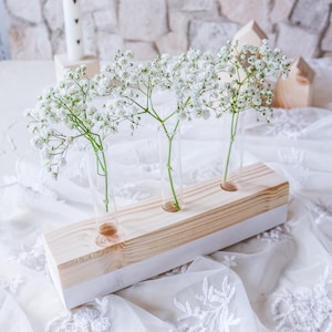 Blumenvase Holz und 3 Reagenzgläser - Dekoration Zuhause - Tischdeko Hochzeit, Taufe