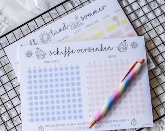 Battleship + City Country Summer game pad, DIN A5, travel game, children's birthday party favor, children's birthday game