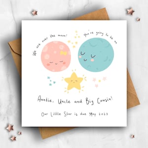 Personalised Pregnancy Announcement Card, Moon and Star Auntie, Uncle & Cousin, Expecting Card, Pregnancy Card, Uncle, Aunty and Big Cousin