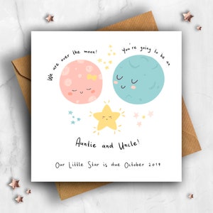 Personalised Pregnancy Announcement Card, Moon & Star Auntie and Uncle, Expecting Card, Pregnancy Card, Baby Announcement, Reveal Card, Baby