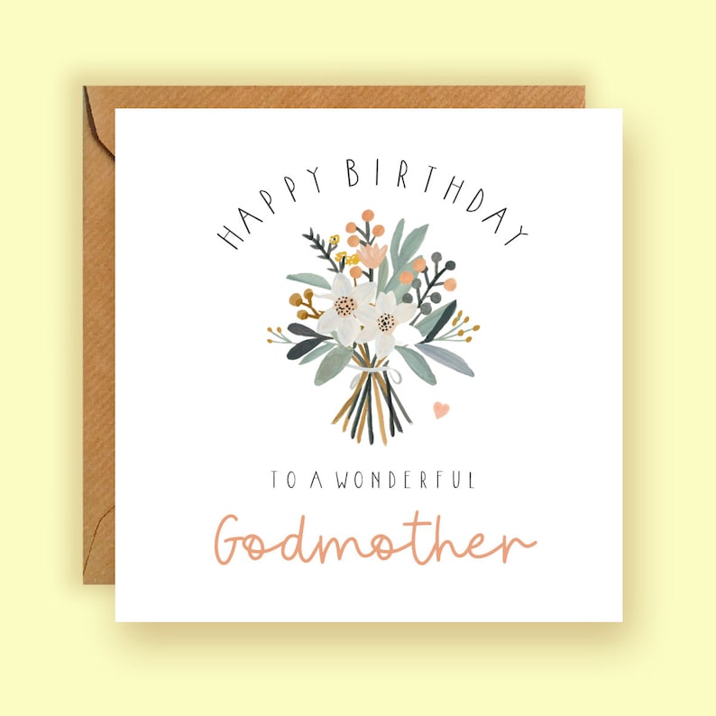 Peut inclure: Une carte blanche avec une illustration de bouquet de fleurs et le texte "Joyeux anniversaire &agrave; une merveilleuse marraine".