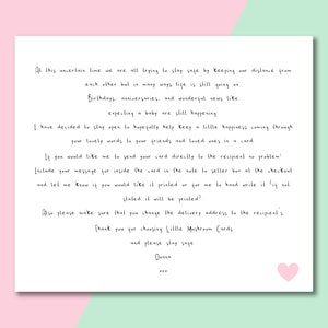 May include: A handwritten note on white paper with pink borders. The note explains how to send a card directly to a recipient and includes a message about staying safe during uncertain times. The note is signed "Donna" and includes a pink heart.