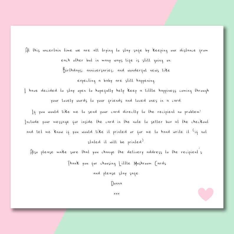 May include: A handwritten note on white paper with pink borders. The note explains how to send a card directly to a recipient and includes a message about staying safe during uncertain times. The note is signed "Donna" and includes a pink heart.