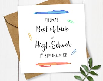 Personalised Pens Best of Luck at High School Card, First Day School Card, Good Luck Card, Back to School Card, Going to High School Card