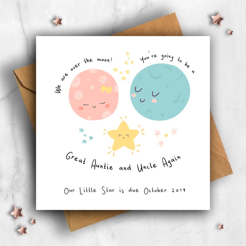 Moon /& Star Great Aunt and Uncle Reveal Card Baby Announcement Expecting Card Pregnancy Card Personalised Pregnancy Announcement Card