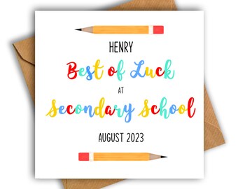 Personalised Pencils Best of Luck at Secondary School Card, First Day School Card, Good Luck Card, Back to School Card, Going to School Card