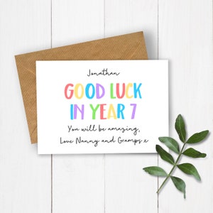 Personalised Rainbow Letters Good Luck in Year Card, First Day at School Card, Good Luck Card, Back to School Card, Going to School Card