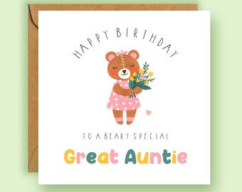 Happy Birthday to a Beary Special Great Auntie Card, Bear Birthday Card, Great Aunty Birthday Card, Card for Great Auntie, Great Aunt Card