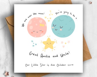 Personalised Pregnancy Announcement Card, Moon & Star Great Aunt and Uncle, Expecting Card, Pregnancy Card, Baby Announcement, Reveal Card