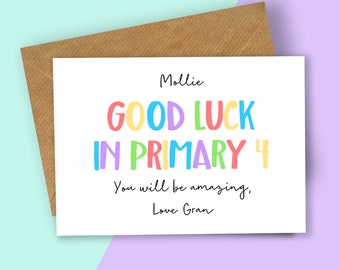 Personalised Rainbow Letters Good Luck in Primary Card, First Day at School Card, Good Luck Card, Back to School Card, Going to School Card