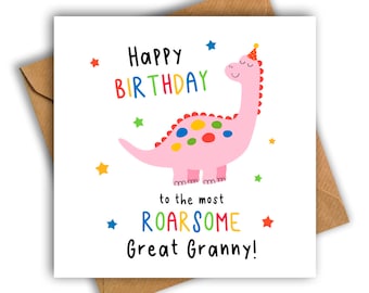 Happy Birthday to the Most Roarsome Great Granny Dinosaur Card, Dinosaur Birthday Card, Great Nanny Birthday Card, Great Grandma Dino Card