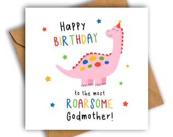 Joyeux anniversaire à la marraine la plus rugissante carte de dinosaure, carte d'anniversaire de dinosaure, carte d'anniversaire de marraine, carte d'anniversaire de marraine de dinosaure
