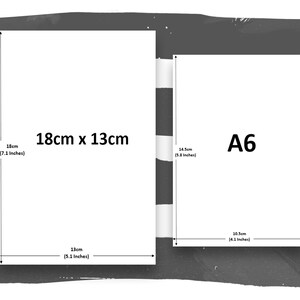 Op de afbeelding: Twee witte rechthoekige vellen papier met afmetingen. Het grotere papier is 18 cm x 13 cm (7,1 x 5,1 inch). Het kleinere papier is A6, met afmetingen van 14,5 cm x 10,5 cm (5,8 x 4,1 inch).