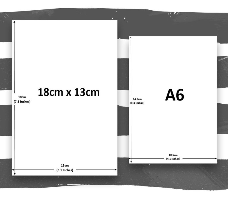 Op de afbeelding: Twee witte rechthoekige vellen papier met afmetingen. Het grotere papier is 18 cm x 13 cm (7,1 x 5,1 inch). Het kleinere papier is A6, met afmetingen van 14,5 cm x 10,5 cm (5,8 x 4,1 inch).