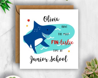 Personalised Shark Good Luck at Junior School Card, First Day School Card, Good Luck Card, Back to School Card, Going to Junior School Card