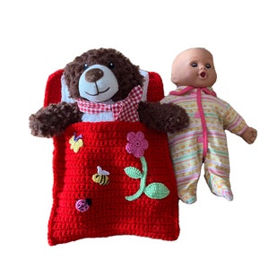 Doll&#39;s bed - sleeping bag for dolls 27 cm or teddy bear 27 cm with colorful crochet appliqués