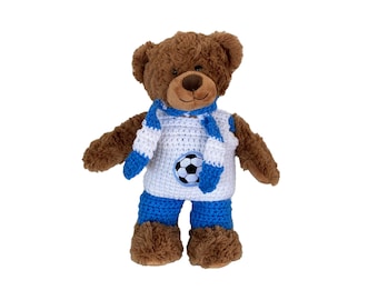 Vêtement de football 3 pièces pour ours en peluche 30 cm bleu moyen et blanc pour les fans de football disponible immédiatement ! porter des vêtements !