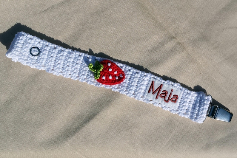 Pacifier chain Strawberry with the name pacifier ribbon