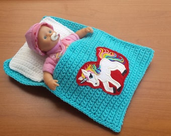 Doll bed - sleeping bag for dolls approx. 20 cm rainbow unicorn