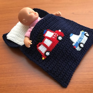 Doll bed - sleeping bag for dolls approx. 20 cm fire engine and police car