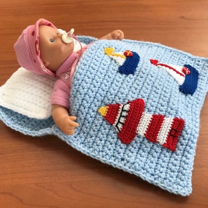 Puppenbettchen - Schlafsack für Puppen ca. 20 cm Leuchtturm und Segelboote