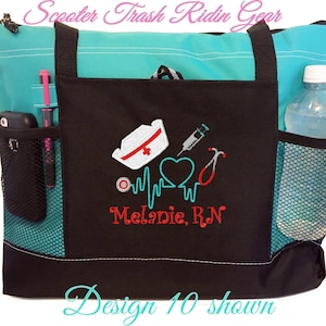 May include: Black tote bag with a turquoise trim and a mesh pocket. The bag has an embroidered design of a nurse's cap, stethoscope, heart, and syringe. The text "Melanie, RN" is embroidered below the design.
