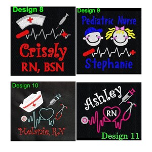 May include: Four black fabric designs with medical themes. Design 8 features a nurse's cap, syringe, and text "Crisaly RN, BSN." Design 9 shows a pediatric nurse graphic and the name "Stephanie." Design 10 has a heart, stethoscope, and "Melanie, R.N." Design 11 displays "Ashley RN."