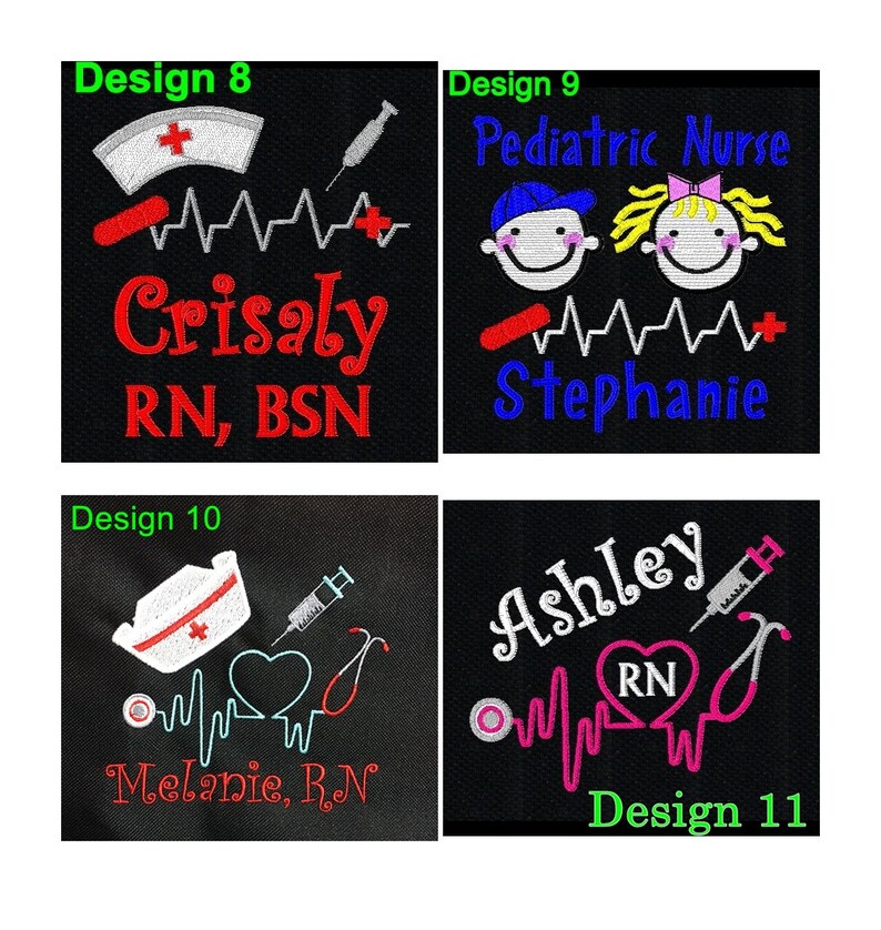 May include: Four black fabric designs with medical themes. Design 8 features a nurse's cap, syringe, and text "Crisaly RN, BSN." Design 9 shows a pediatric nurse graphic and the name "Stephanie." Design 10 has a heart, stethoscope, and "Melanie, R.N." Design 11 displays "Ashley RN."